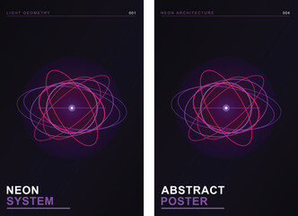 Fototapeta premium Neon system abstract poster set, futuristic light geometry vector art, glowing purple orbital lines on dark background, modern tech cover design