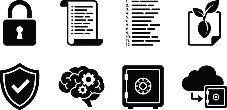 Padlock brain checklist safe cloud shield seed sprout numbered list icons