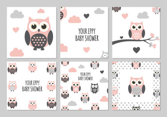 Obraz premium Cute Pink and Grey Owl Baby Shower Invitation Card Templates Set. Nursery Illustrations with Hearts, Clouds, and Polka Dots for Newborn Girl Announcement.