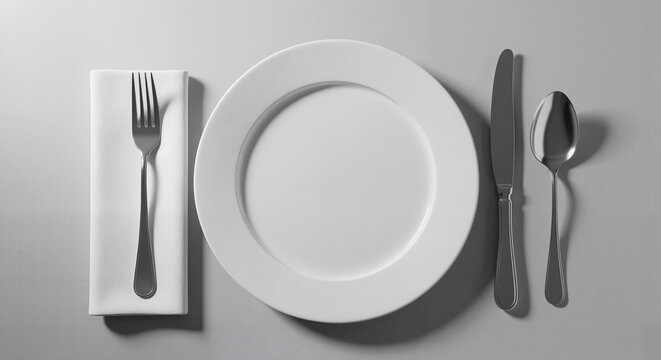 Elegant table setting with white plate, fork, knife, and spoon  