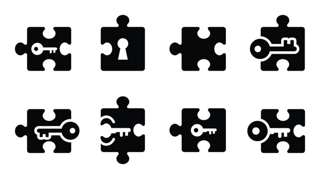 Set of puzzle pieces with key and keyhole for problem solving and security concepts