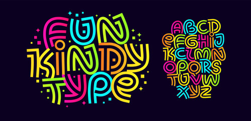 Fun Playful Stripes Font Geometric Logo Alphabet Cool Cartoon Letter Set Modern Typography, Creative Typographic Design for Comics Title Text, Typo Poster Headline. Music Fest Fonts. Vector Typeface