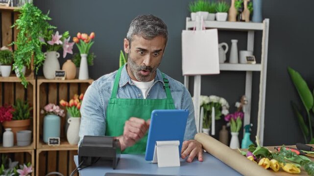 Man florist in a building raises fist in celebration while tapping a tablet at the counter wearing an apron; small business pride.