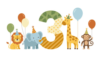 Naklejka premium Cute Safari Animals 3rd Birthday Vector Illustration with Number Three