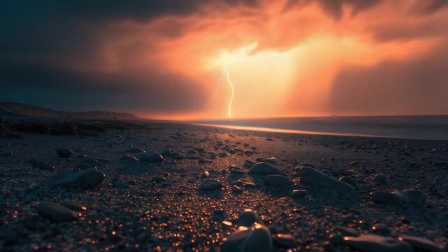 Video A dramatic scene of a lightning bolt illuminating the sky above a sandy beach, perfect for use in weather-related or atmospheric settings