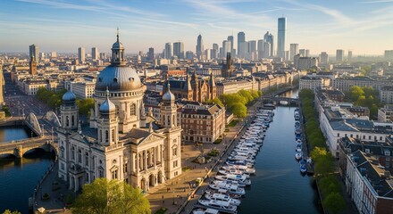 Fototapeta premium Aerial view of Berlin featuring the iconic Berliner Dom cathedral Spree River with boats and a modern cityscape skyline under a clear blue sky