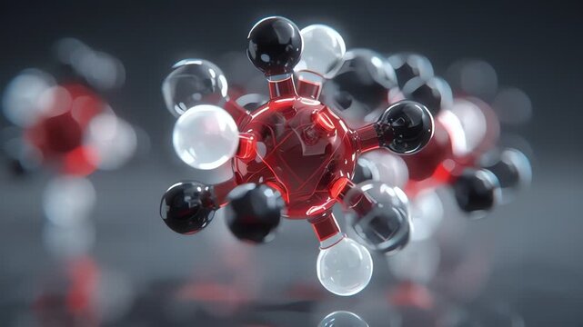 Molecular Model Visualizing Red Central Atom Bonding with Black and Clear Surrounding Atoms in a Scientific Concept
