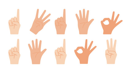 Fototapeta premium Hand gesture icon vector set, peace sign, OK sign, counting fingers, and human hand symbols for communication, emoji style, and UI design