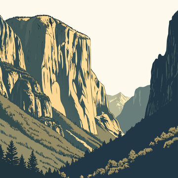 A stylized illustration depicts yosemite valley s iconic el capitan and half dome formations under a muted hazy sky high quality professional