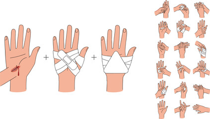Obraz premium First Aid Hand Bandaging Steps Collection with Wound Care Treatment Process and Medical Dressing Techniques Flat Vector Illustration Set