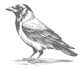 Obraz premium Retro crow bird standing on ground vintage engraving style line art illustration.