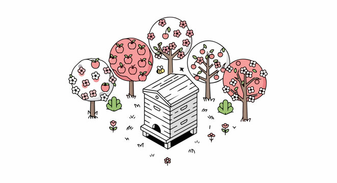 Isometric Illustration of a Wooden Beehive in a Blooming Fruit Orchard with Apple and Cherry Trees