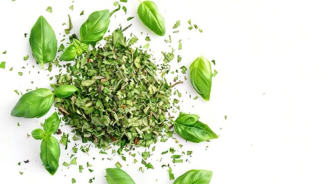 Video A bundle of fresh basil leaves arranged neatly on a white surface, perfect for cooking or decoration