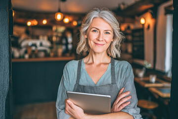 Fototapeta premium Confident middle-aged woman with gray hair holding a tablet, smiling in a cozy cafe or restaurant setting.