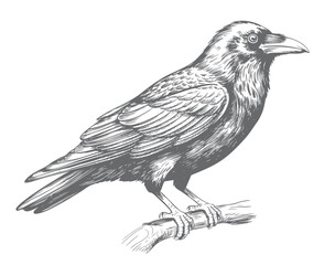 Naklejka premium Vintage crow bird perched on branch engraving ink sketch illustration.