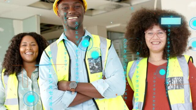 Site team posing in fit-out, AR overlay appearing causing camera zoom placing hard hat for portrait