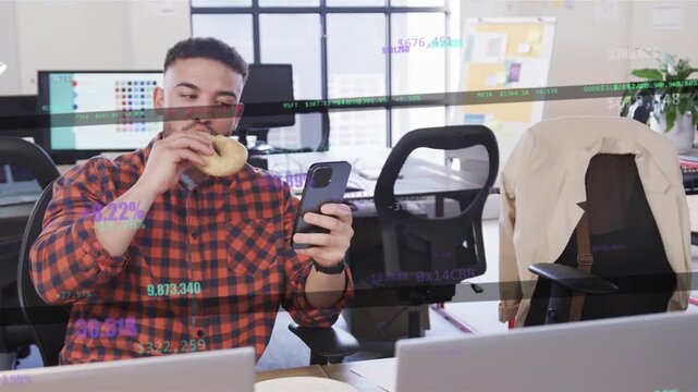 Office man tapping phone, eating bagel while numeric chart overlays sliding, tracking business KPIs