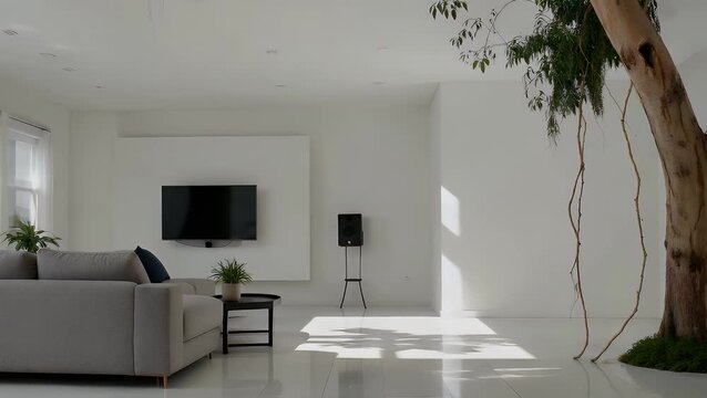 A Rendered Visualization of a Bright and Airy Minimalist Styled Living Room Interior Showcasing Modern Furniture Arranged on a Light-Colored Laminate Floor with a Television and Sofa Set Against a Lu