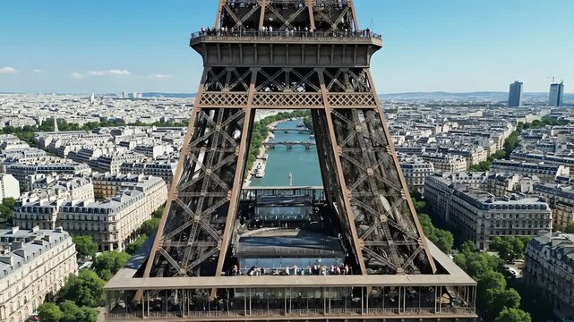 Majestic Eiffel Tower Aerial View Over Paris Cityscape on a Sunny Day.
