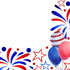 Fototapeta premium Fourth of July Independence Day banner background with balloons and fireworks. Hand drawn festive watercolor illustration for cards, prints, and posters.