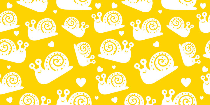 Snail silhouette seamless pattern yellow background white mollusks
