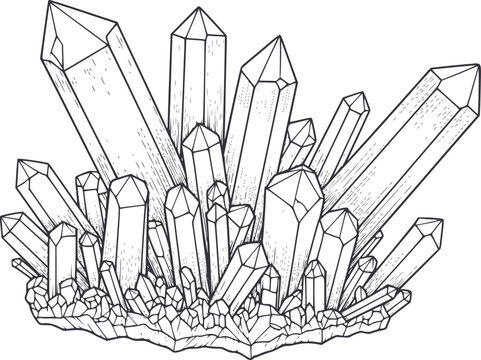 Detailed line of a cluster of quartz crystals, hand-drawn style mineral geode