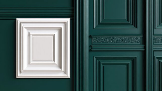 Ornate white molding frame hangs against a richly colored architectural panel wall
