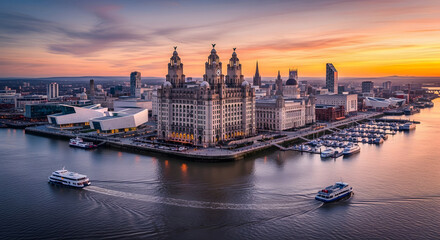 Fototapeta premium Liverpool Waterfront Skyline at Sunset with Historic Buildings and Boats