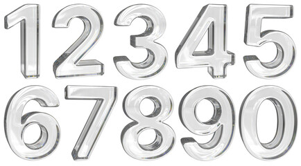 Obraz premium Set of glass clear volumetric numbers from zero to nine. 3d illustration transparent background 