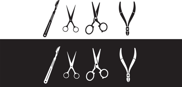 This vector illustration features ,surgical instruments set and a set of metal steel scissors designed as a professional tool equipment symbol for medical care work