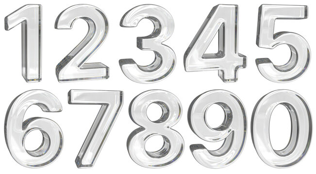 Set of glass clear volumetric numbers from zero to nine. 3d illustration transparent background	