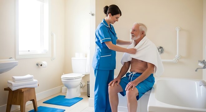 Nurse assisting elderly man with towel in bathroom, providing care and support with a gentle touch and smile