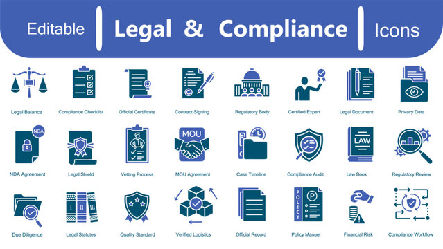Legal compliance solid icon set. Contracts, agreement, certificate, policy, compliance, paperwork, business documentation, quality control, law, ethics etc. Vector editable illustration