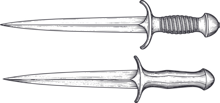 Vintage dagger engraved blades with detailed handles white background, engraving antique