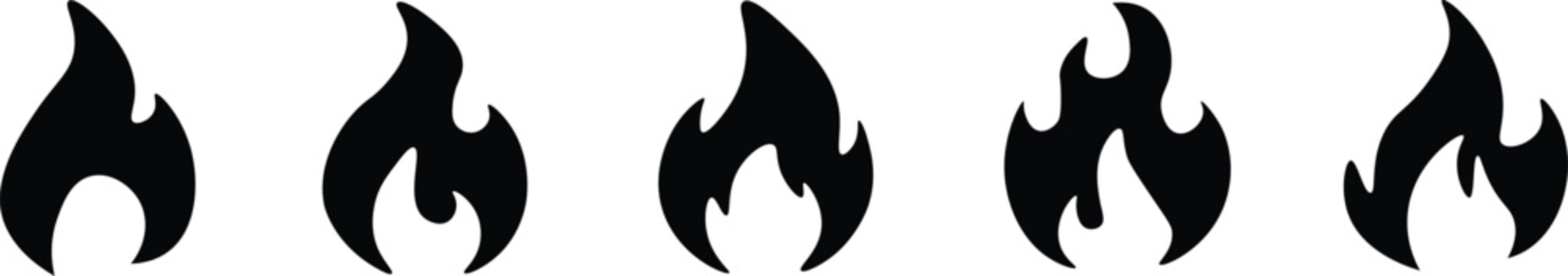 Five black flame icons representing fire with camp fire collection silhouette illustration isolated background ignition combustion abstract