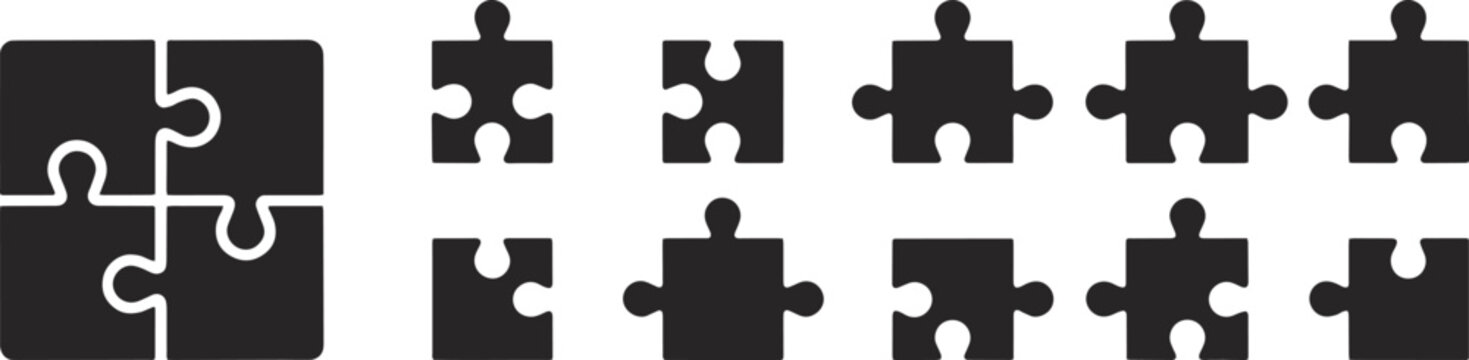 Collection of black puzzle piece icons including a four piece assembled puzzle with solution icon solution challenge connection strategy teamwork abstract illustration
