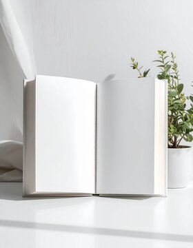 Mockup de un libro sobre fondo neutro, iluminaci&oacute;n suave, estilo minimalista, espacio en blanco para dise&ntilde;o personalizado
