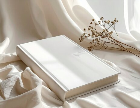 Mockup de un libro sobre fondo neutro, iluminaci&oacute;n suave, estilo minimalista, espacio en blanco para dise&ntilde;o personalizado