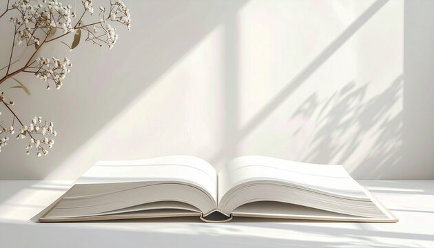 Mockup de un libro sobre fondo neutro, iluminaci&oacute;n suave, estilo minimalista, espacio en blanco para dise&ntilde;o personalizado