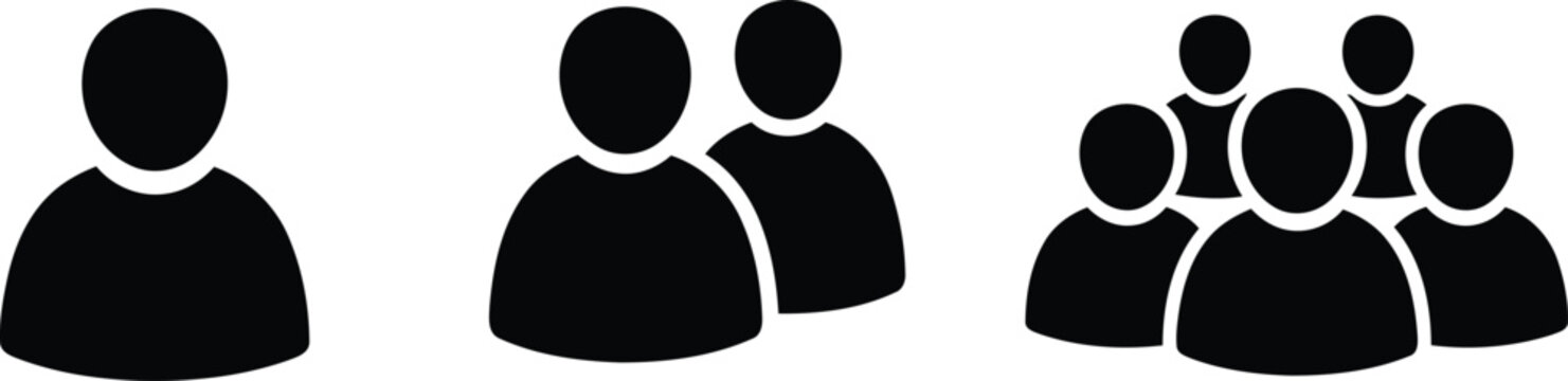 Set of black minimalist icons representing a single person, a pair, and a group of people Vector