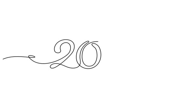 Animated self drawing Continuous one line drawing of Minimalist number twenty, elegant typography, black line art, decorative numeral 2027