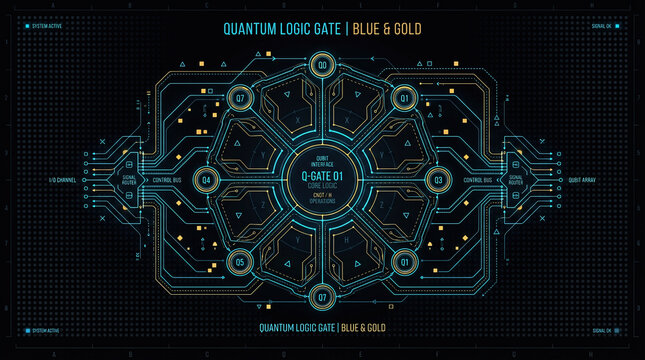 Digital user interface of quantum logic gate with blue and gold circuits, flat vector of artificial intelligence and data computing tech