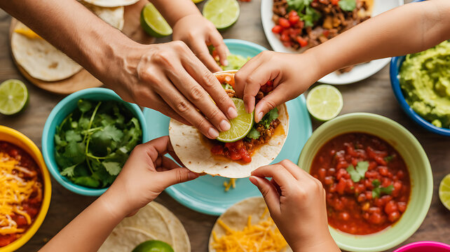 Family hands reaching for colorful beef tacos served with fresh lime salsa guacamole and spicy chili