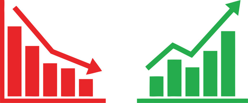 Business growth and decline concept with red decreasing and green increasing bar charts. Vector