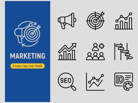Marketing icons set with megaphone target graph and SEO symbols for business strategy and advertising  vector free icons