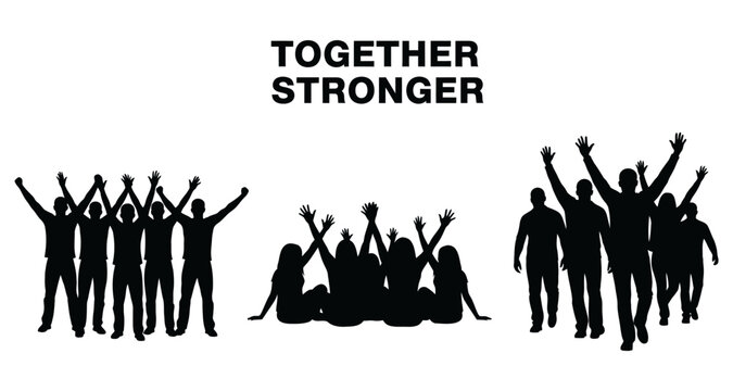 Diverse group silhouettes celebrating with raised arms for unity and strength