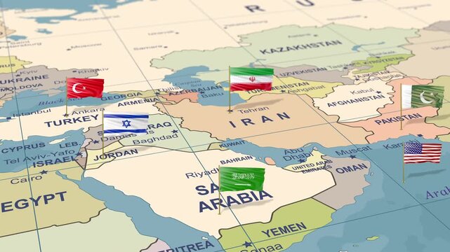 WORLD MAP TURKEY,AMERICA,ISRAEL,IRAN,PAKISTAN,S.ARABIA FLAG