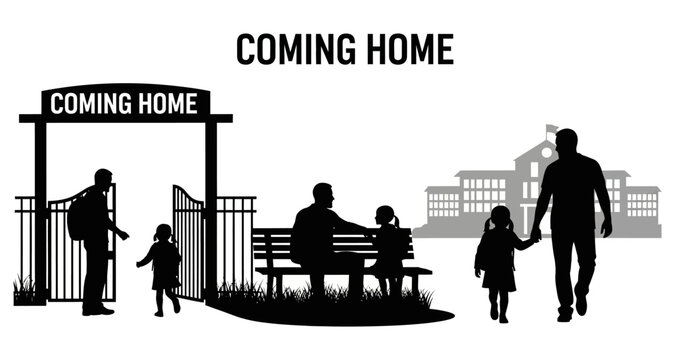 Family reunion after long absence at a welcoming gate with buildings in background