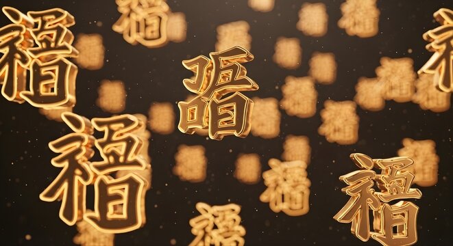 3D Gold Chinese Characters Floating in Dark Space Glowing Edges Cinematic Depth Luxury Premium Background Design, Chinese language day