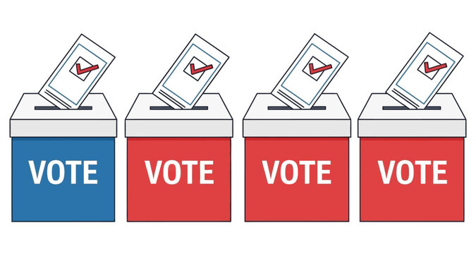 Four ballot boxes with ballots being cast during an election concept